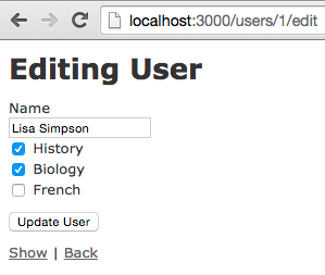 View for editing user with checkboxes to add courses.
